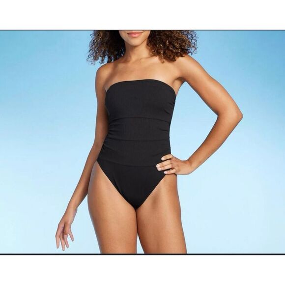 Shade & Shore Black Ribbed Strapless High Leg  Cheeky Swimsuit Size Medium - Picture 1 of 5